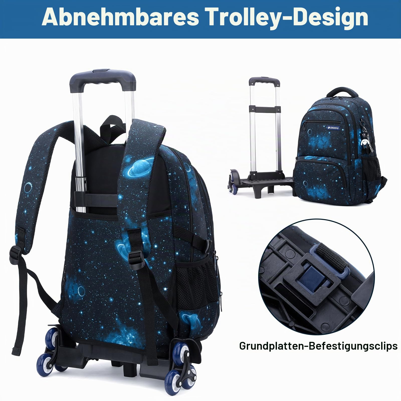 Amythe Schulrucksack Trolley für Jungen Teenager Rucksack mit Rollen 3-teilig mit Lunchtasche Federmäppchen, Wasserdichter Lässige Daypack 30L, Große Schultasche für Schule & Reisen, Blau | Schultasche mit Rollen mit Lunchtasche Federmäppchen, Wasserdicht