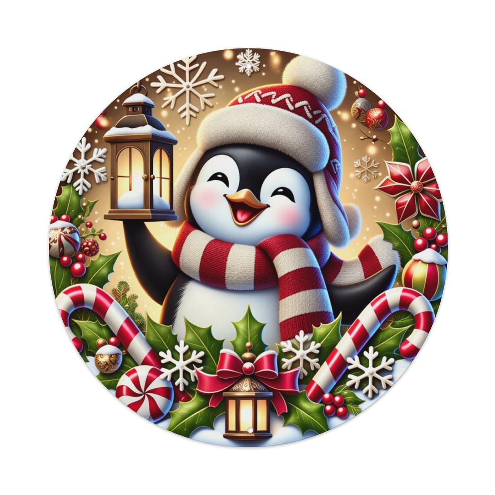 Christmas Penguin Lantern Snowflake Candy Round Tin Sign Retro Metal Sign for Cafe Bar Pub Home Game Room Gym Club Wall Decoration Vintage Metal Poster 8x8 Inch