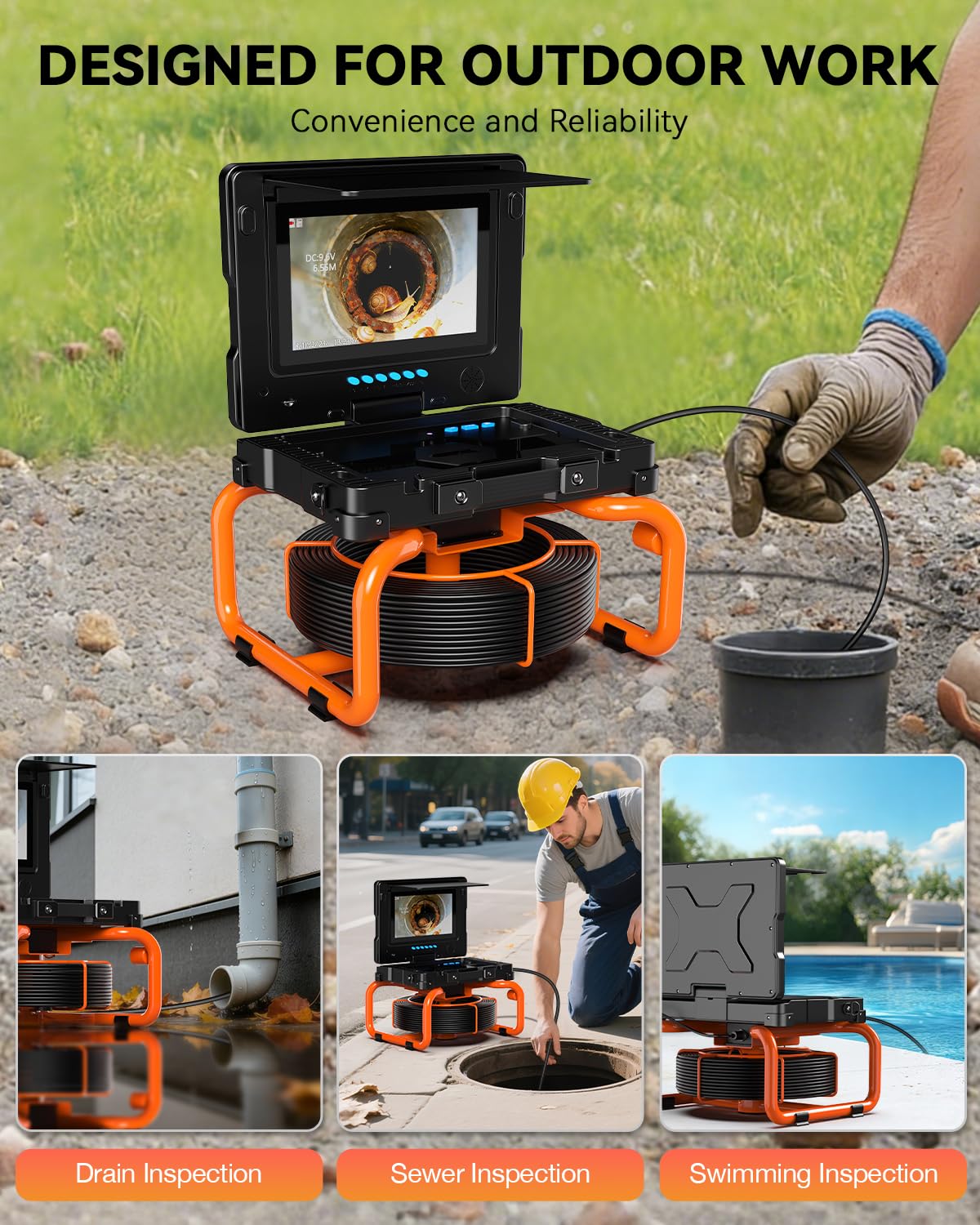 Telecamera Ispezione Tubazioni con Schermo IPS 9'', Camera Fognature Autolivellante con Contatore Distanza, HD 1080P Endoscopio per Tubi con Registrazione Video e Audio, 32 GB (9''-23MM/100FT)