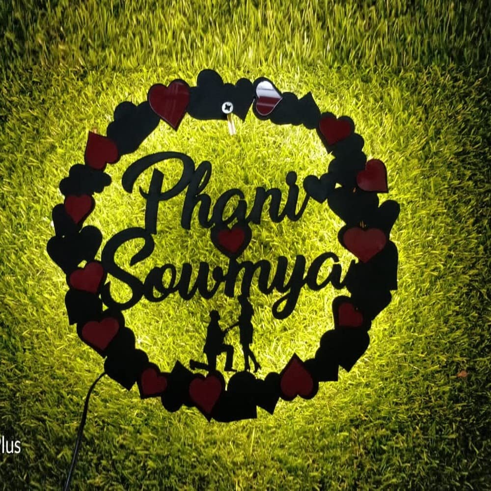 Raktabeejm Customized Led Round Red and BlackHeart Couple Name Wall Hanging (Size: 12X12 Inch)