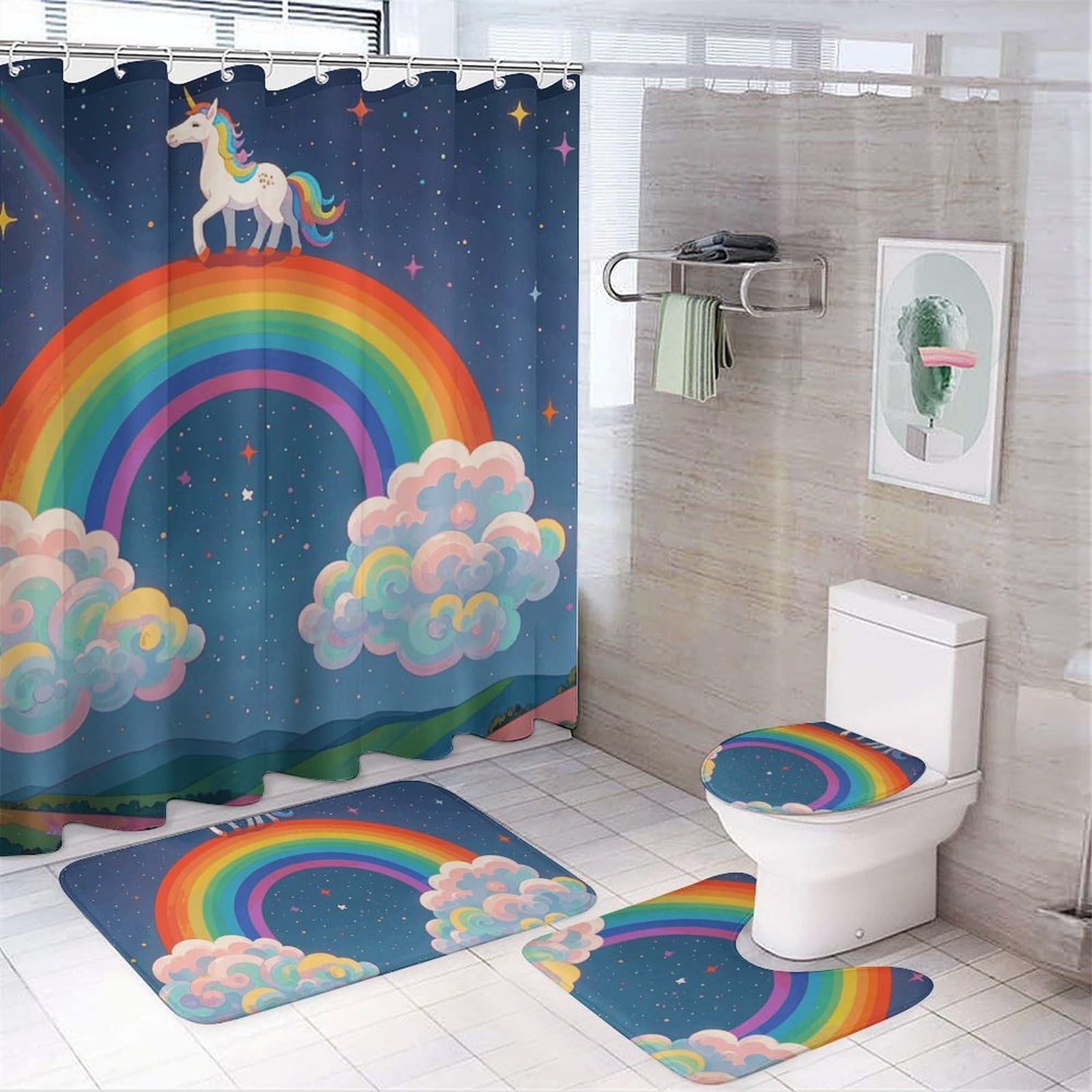 Rideaux de douche anti-éclaboussures et tapis de sol sécurité motif cheval arc-en-ciel