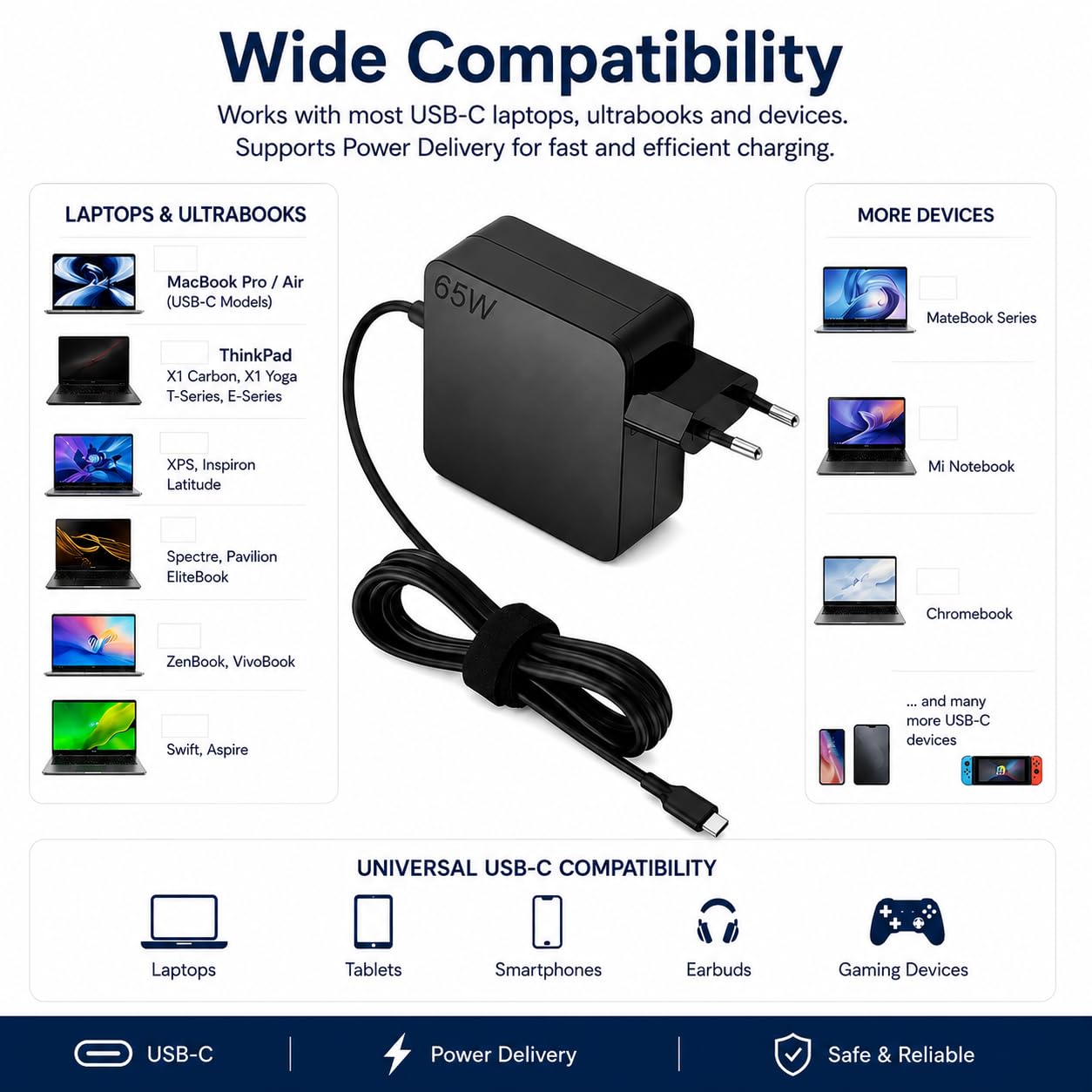 Alimentatore USB C 65W Caricatore compatibile con MacBook Air/Pro, Dell XPS 13/15, Latitude 5300/5400/5410/7390/7490, HP Spectre x360, Envy x360, EliteBook 830/840/850, ASUS ZenBook, Acer Swift/Spin