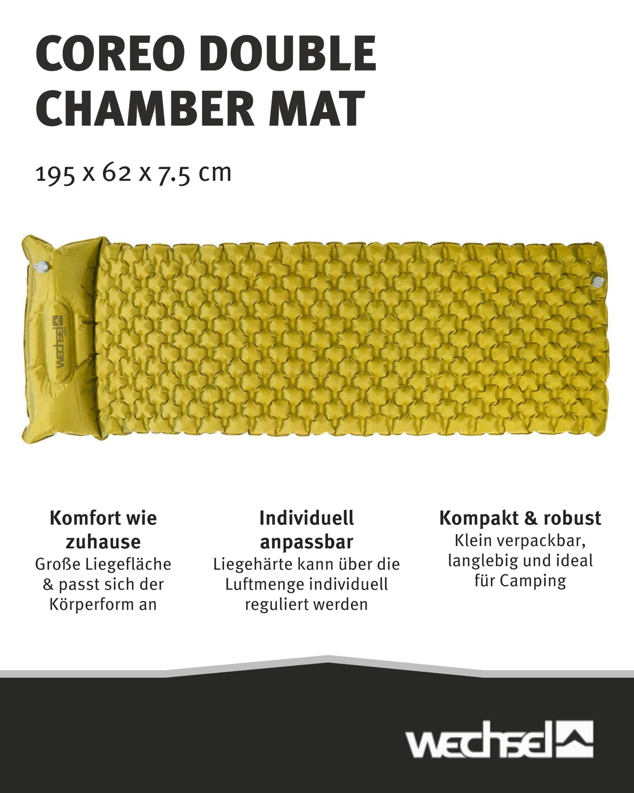 Wechsel Trekking Isomatte Coreo I 195 x 62 x 7,5 cm I Thermomatte mit doppeltem Luftkammersystem I wärmeisolierende Campingmatte I Luftmatratze für Camping, Radreisen, Bushcraft & Trekking