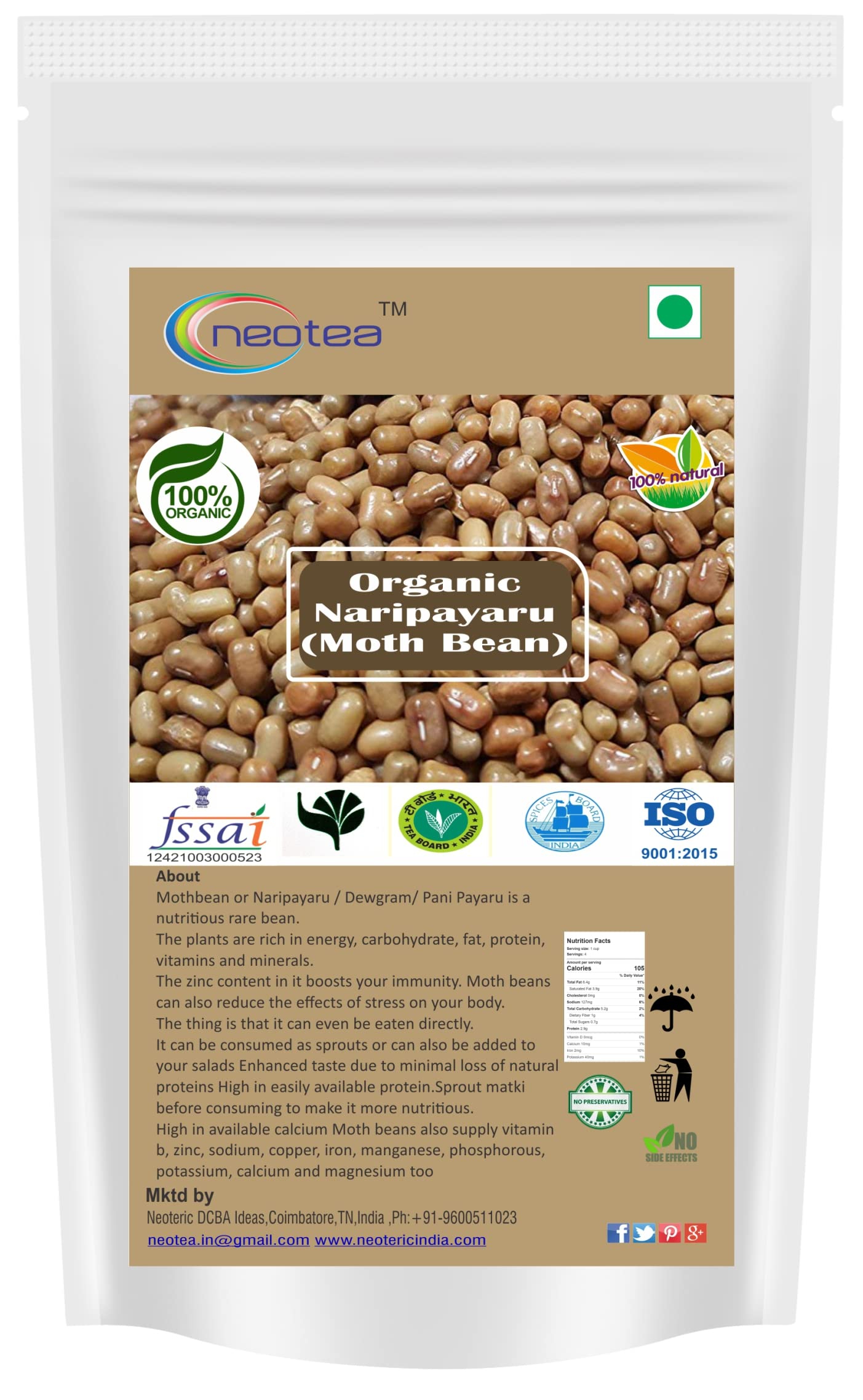 Neotea Organic Naripayaru Moth Bean Vigna Aconitifolia, 500 GM | Premium Moth bean Matki Moth Whole | 100% Pure and Natural | No Preservative | Chemical free | Non-Gmo | Direct Source From Farmers | Easy to Cook | Suitable for Vegans (B08256RG5B) Amazon Price History, Amazon Price Tracker