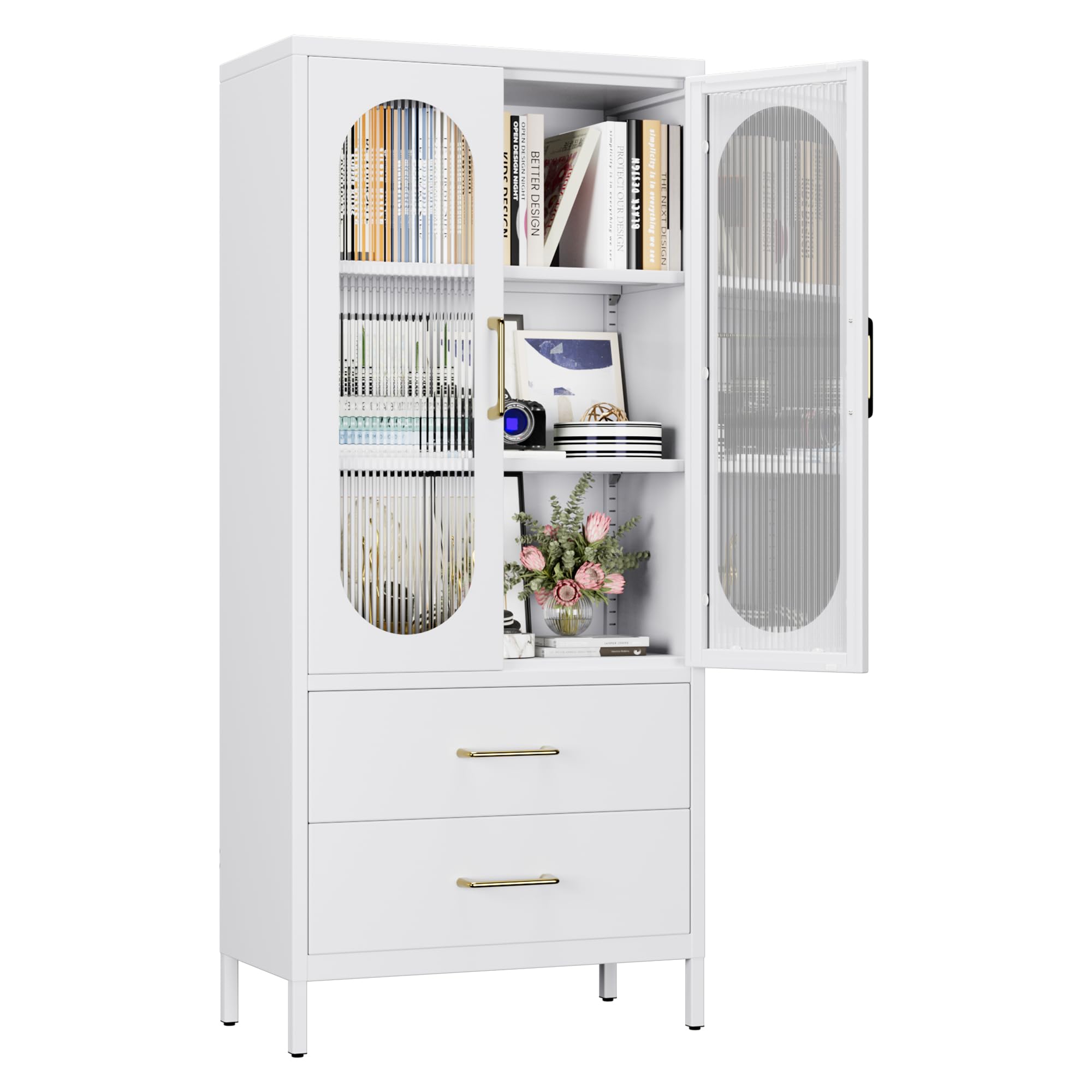 Aobabo Metal Office -Akten Speicherschrank mit 2 Schubladen und 2 einstellbaren Regalen - 155 cm hohe Glasentüren weißer Lagerschrank, 3 -stufige hohe Stahlschränke für Wohnzimmer, Büro, Büro