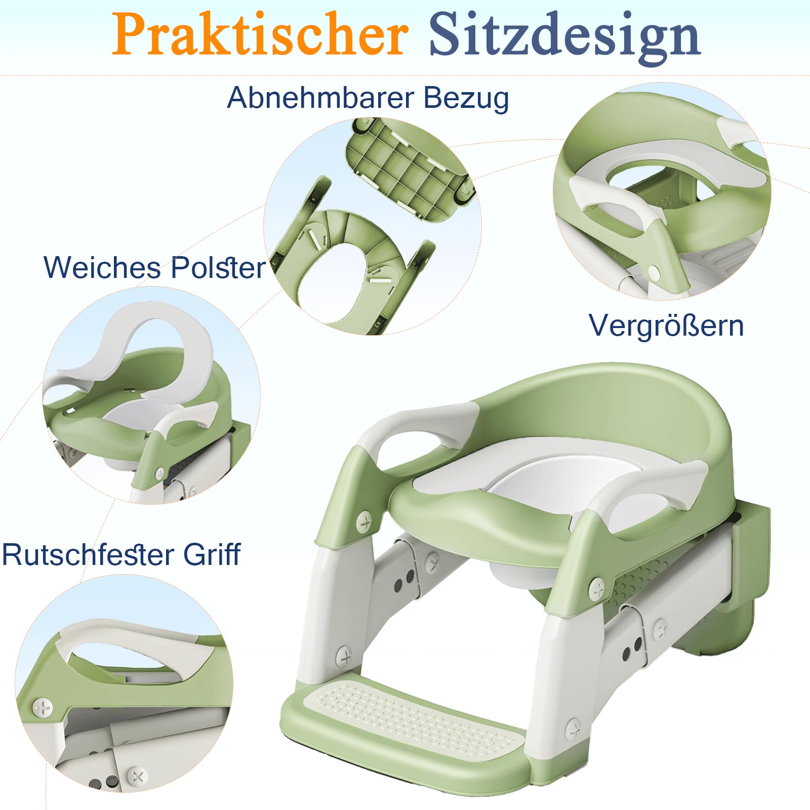 3 IN 1 Toilettensitz Kinder, Toilettenleiter für Kinder mit Verstellbar Treppe, Spritz und Rutschfestes Verlängerter Pedal- und Spritzschutz und Polster, Rutschfest und Faltbar für Jungen Mädchen Baby