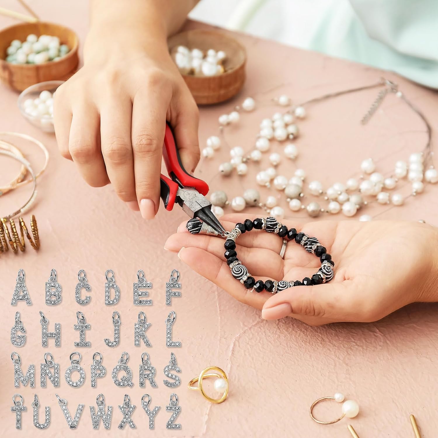 uxcell Rhinestone Letter Charm, 10pcs Crystal Zirconia Copper Alphabet C Pendants Slider Letter Charm for Wristbands Bracelets Necklace Jewelry Earring DIY Craft, Silver - Image 6