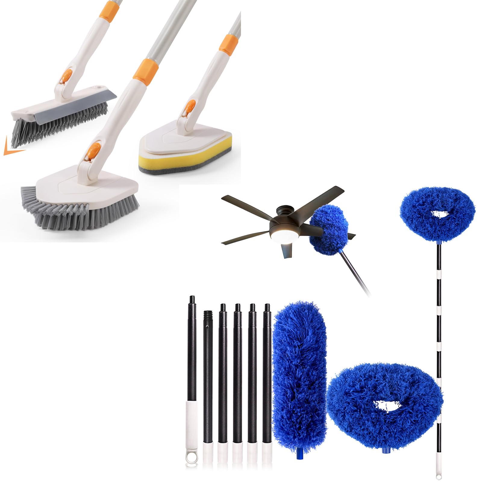 3 in 1 Shower Scrubber Cleaning Brush &Ceiling Fan Cleaner Duster with Extra Long and Thick Extension Pole from 15 to 88 Inches