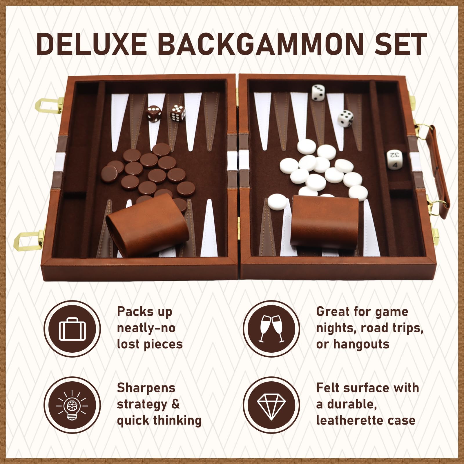 Backgammon Set Koffer für 2 Spieler Klassisches 11 Zoll Brettspiel mit Hochwertiger Ledertasche Tragbares und Reise Backgammon-Set (11 Zoll, Braun)