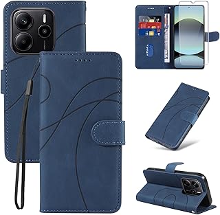 Coque pour Xiaomi Redmi Note 14 4G avec 1 Pièces Verre Trempé Protection, Premium PU Cuir Multifonction Magnétique Portefeuille à Rabat Flip Housse Étui pour Xiaomi Redmi Note 14 4G - Bleu