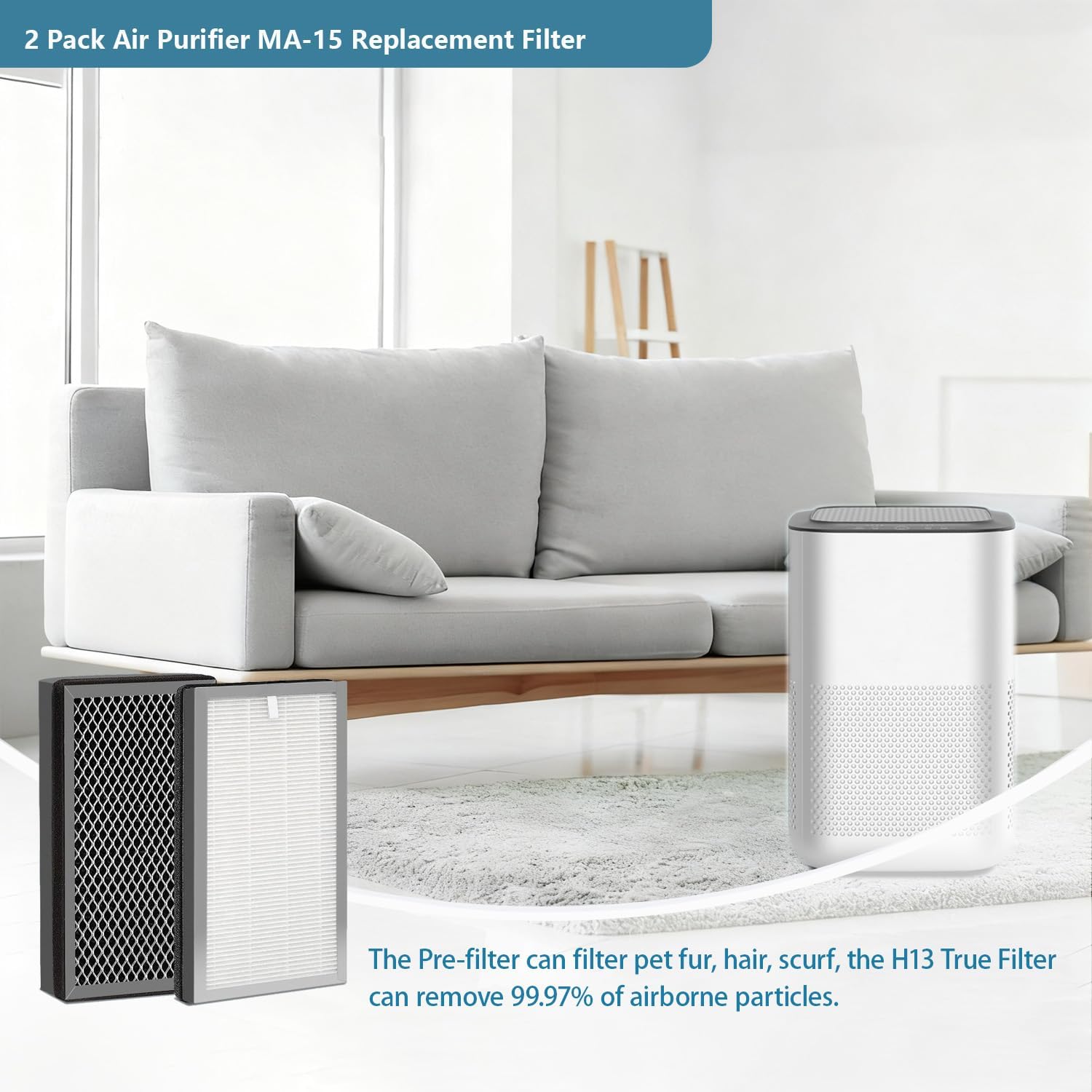 MA15 Replacement Filter Compatible with MA-15 Air Purifier Fit for Medify Air MA-15 Series air puri-fier 3-in-1 with Pre-filter H13 True HEPA and Activated Carbon Filter, 2 Pack
