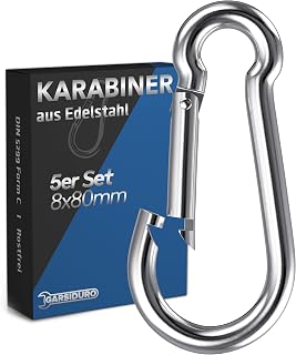 Edelstahl Karabiner | 5er Set 8x80 mm | Karabinerhaken DIN 5299 rostfrei | Feuerwehr-Karabiner mit Schnappverschluss geeignet als Schlüsselanhänger oder für Schwerlast und Hundeleine