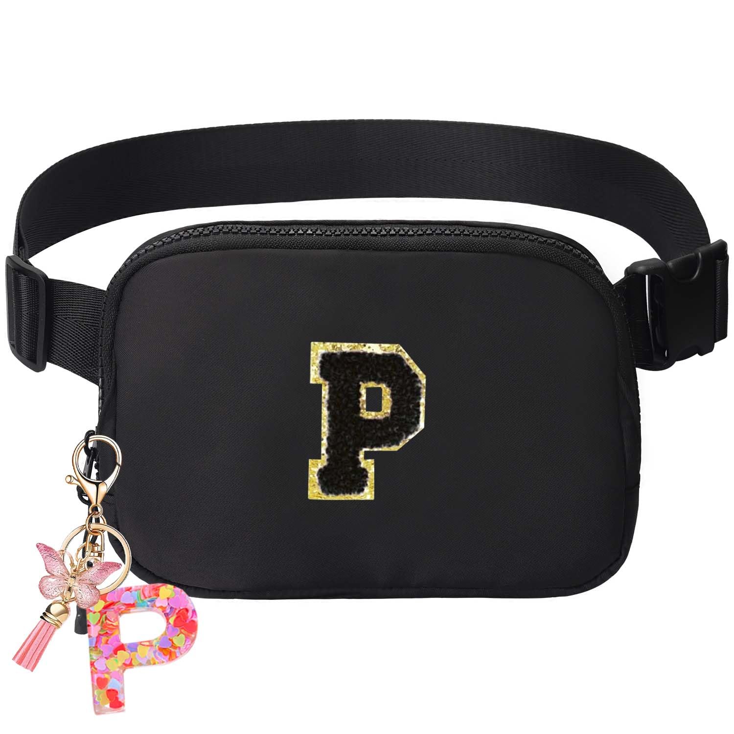Belt Bag for Girls Gifts - Birthday Gifts for Teenager, Personalized Gifts for Mom Freind Sister Teacher, Graduation GiftsInitial Crossbody Bag Belt Bag for Women Black P