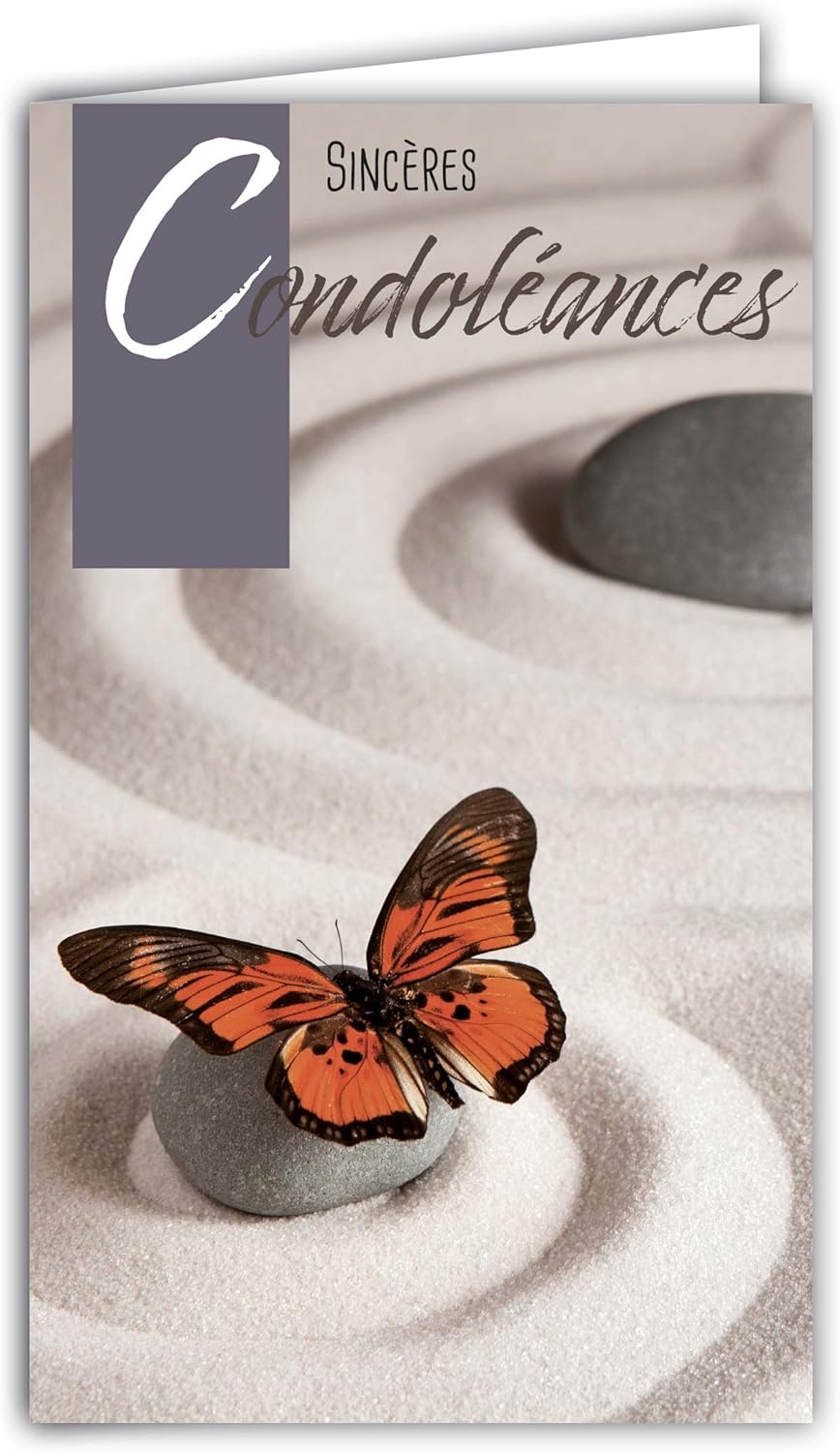 24-1027 Sincères Condolances Card with White Envelope 95 x 160 mm Butterfly Pebbles Stones Sand Garden Zen Soul Rest