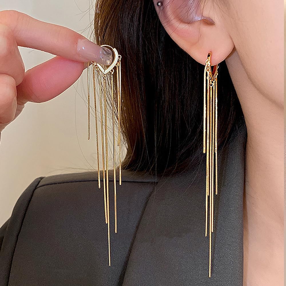 14K Gold Long Tassel Drop Dangle Earrings for Women Shining Chandelier Fringe Hoop Earrings Classic Valentine's Day Anniversary Jewelry Gifts - Image 4