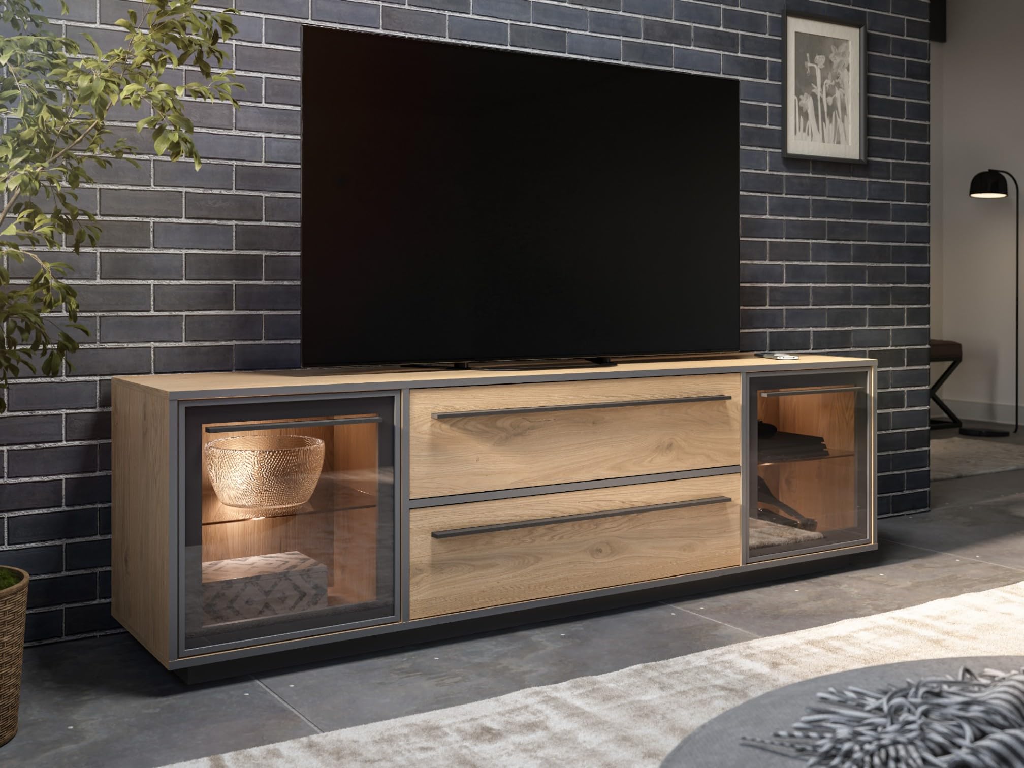 moebel-dich-auf Wohnwand Nardo in Wildeiche Verschiedene Board-Sets, Lowboard, Sideboard, Braunglas, Softclose, inkl. LED-Beleuchtung