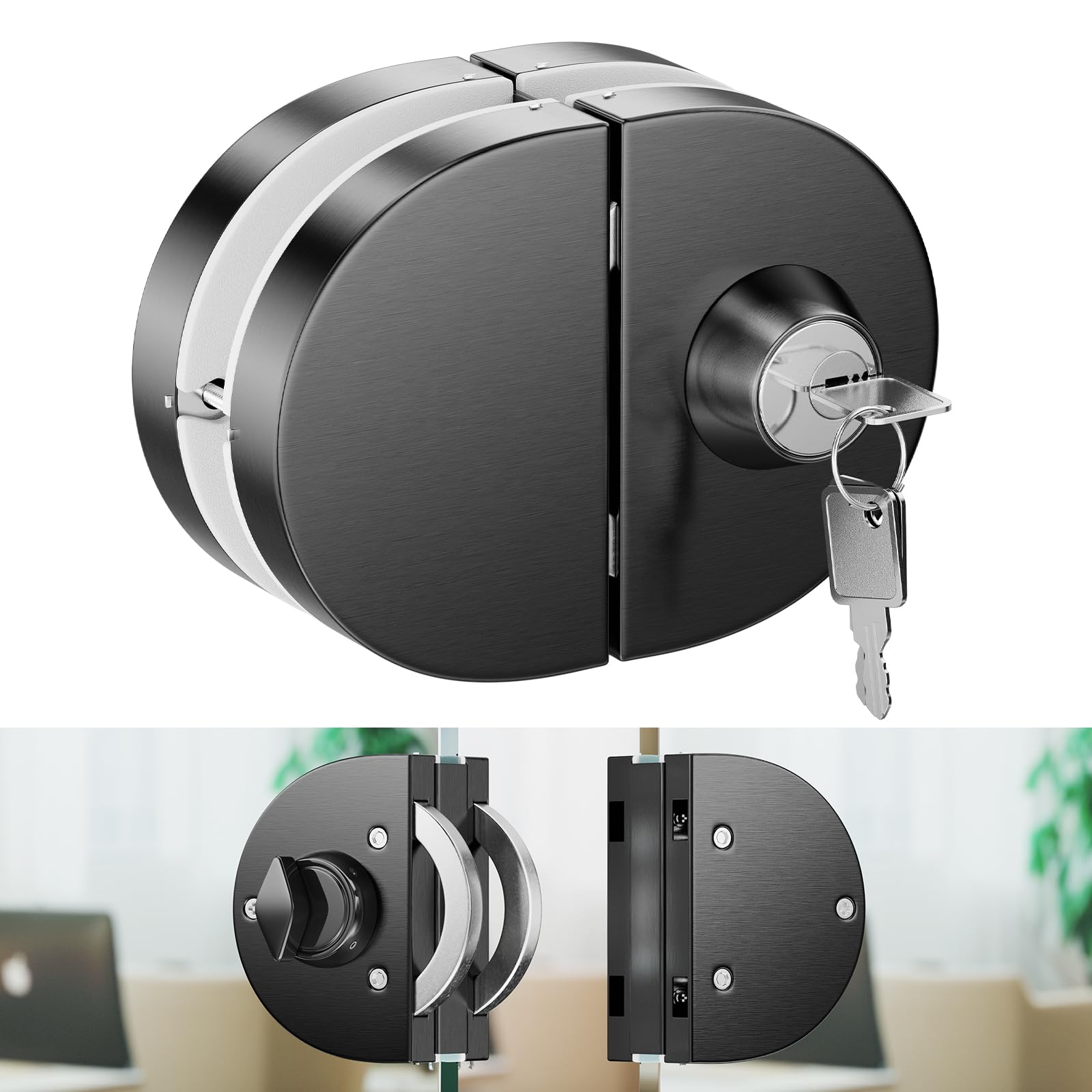 Ranbo Frameless Double-Sided Glass Door Lock,no Drilling,304 Stainless Steel,Suitable for 3/8''-1/2''(10mm-12mm) Sliding Glass Doors,Office Doors,Commercial Doors,Comes with 3 Keys,Brushed Black.