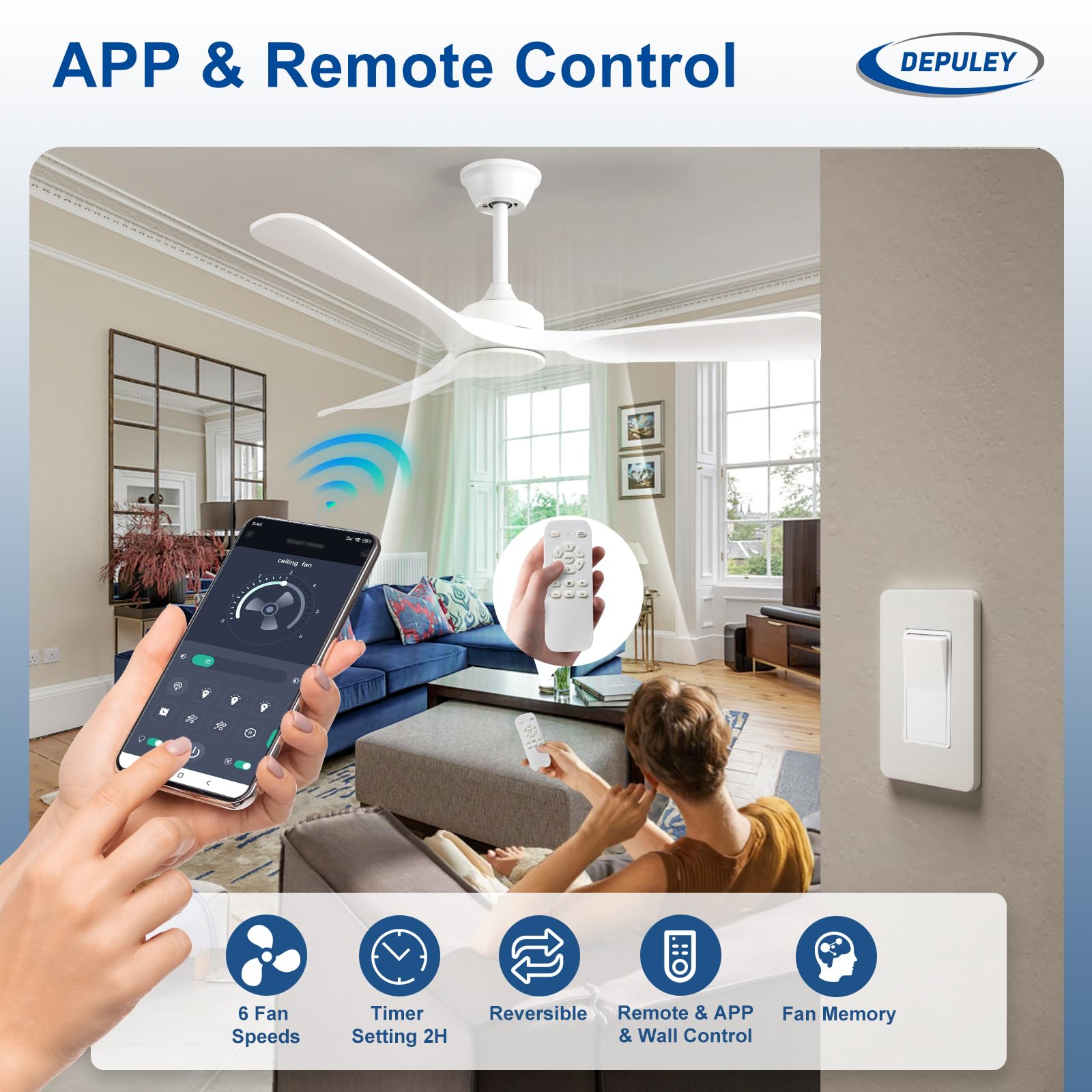 Depuley Ventilador de techo sin luz: Ventilador de exterior de 52 pulgadas con control remoto por aplicación para porches y terrazas - Ventilador de techo blanco sin luz, reversible, 6 velocidades