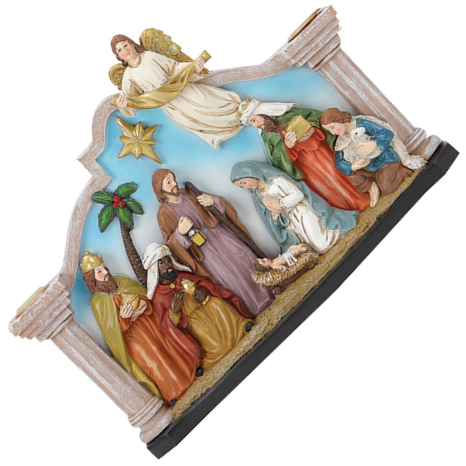 Soporte para belén con figuras de la Sagrada Familia Resina Decoraciones de Adviento de Navidad para vacaciones Regalos de mesa Santa Familia Cuna con Candelabro