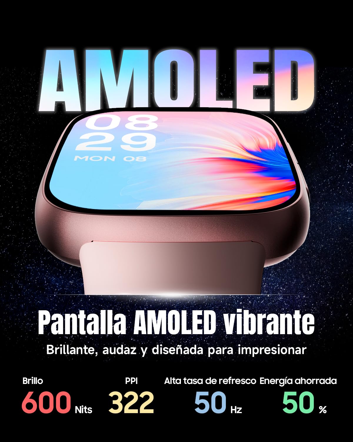 Reloj Inteligente Mujer, Smartwatch con Pantalla AMOLED, Resistente al Agua 3ATM para Natación, Llamadas Entrantes/Salientes, Reloj Deportivo con Ritmo Cardíaco/Sueño/100 Deportes, Rosa