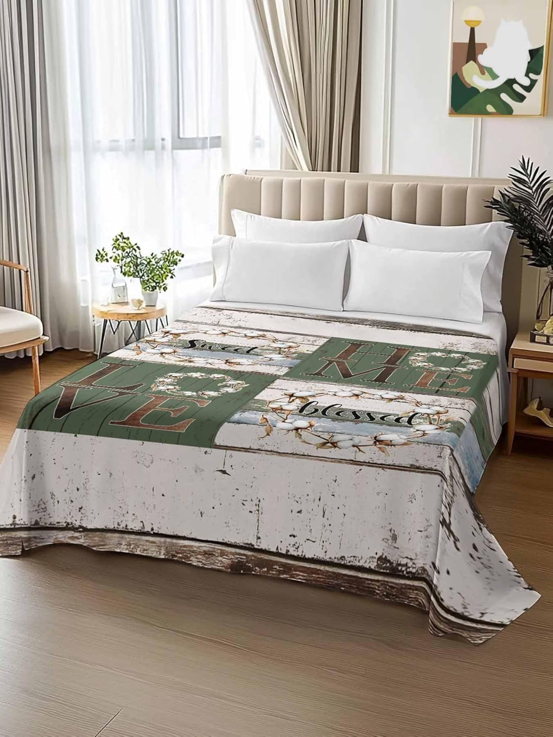Top Sheet Full Bedding Flat Sheet Only, Home Love Words Microfiber Bed Sheets Soft Breathable Bedding Flat Sheets, Country Shabby Wood Board Hotel Luxury Top Sheets