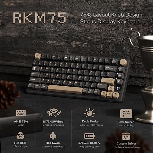 Miniatura 2 de RK ROYAL KLUDGE Teclado mecánico inalámbrico M75 2.4GhzBT5.1USB-C Teclado para juegos 75% de diseño, 81 teclas de montaje de junta con pantalla OLED