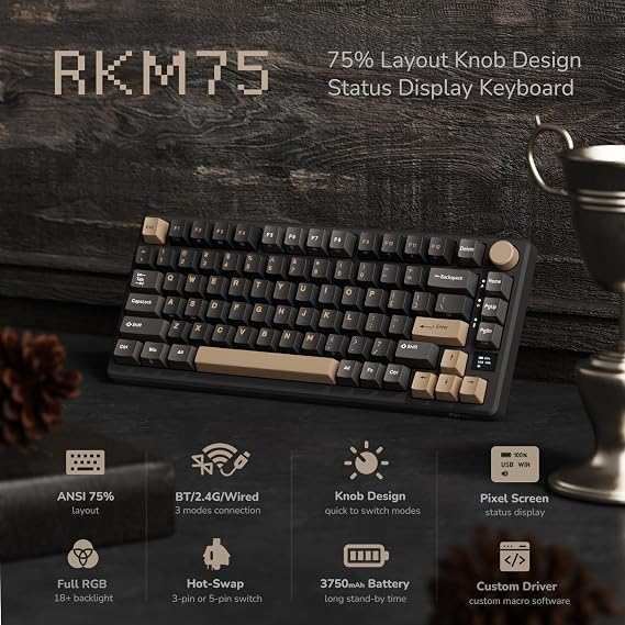 RK ROYAL KLUDGE M75 Wireless Mechanical Keyboard 2.4Ghz/BT5.1/USB-C Gaming Keyboard 75% Layout 81 Keys Gasket Mount with OLED Display & Knob RGB Backlight Hot-Swappable Pale Green Switch, Grey