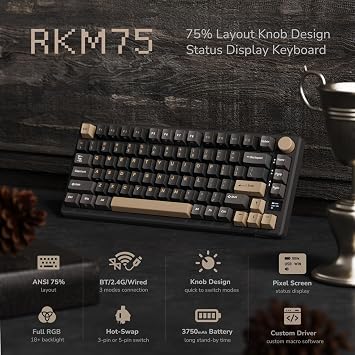 RK ROYAL KLUDGE M75 Wireless Mechanical Keyboard 2.4Ghz/BT5.1/USB-C Gaming Keyboard 75% Layout 81 Keys Gasket Mount with OLED Display & Knob RGB Backlight Hot-Swappable Pale Green Switch, Grey