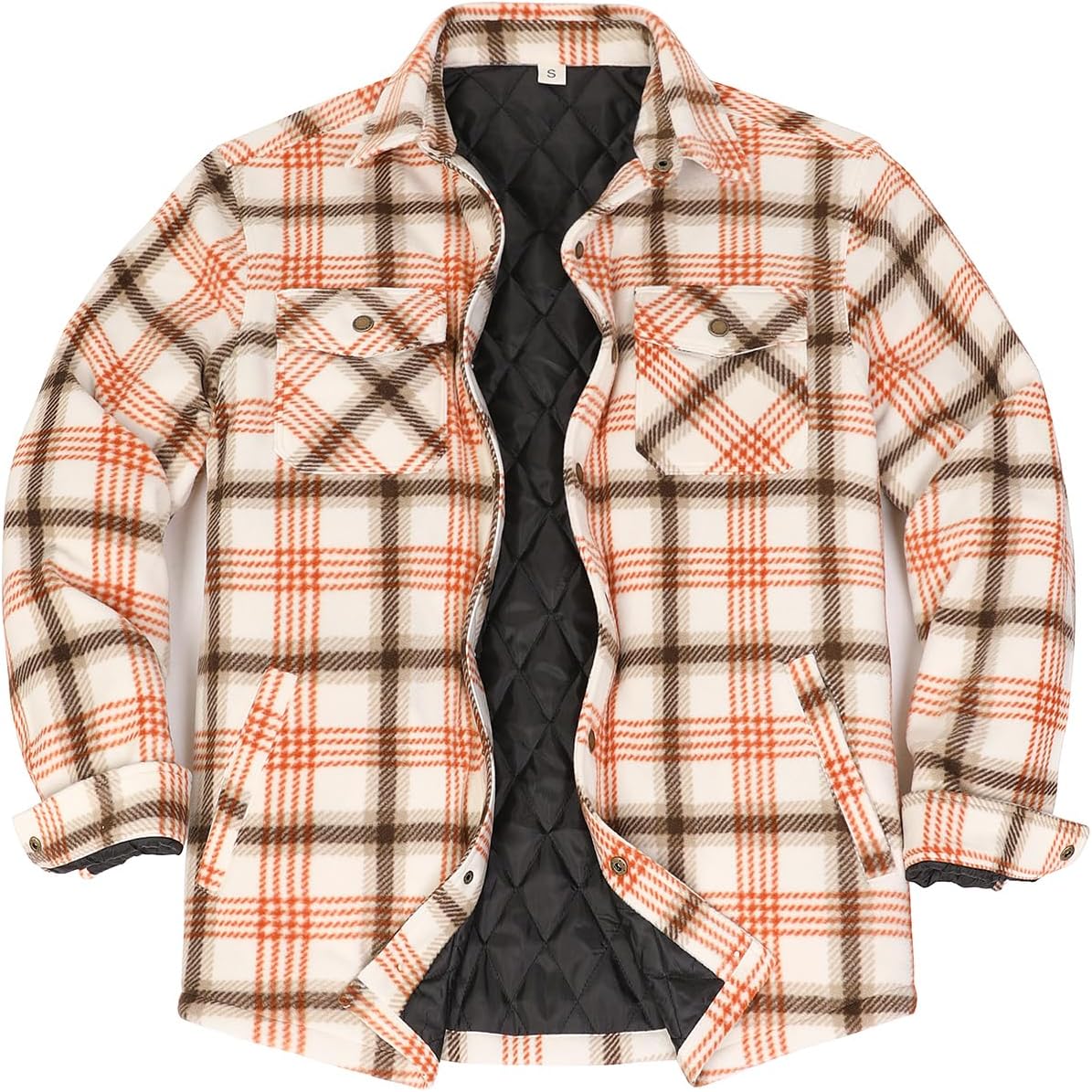 Quilted Lined Flannel Jacket Insulated Snap Button Plaid Shacket Winter Warm Workwear for Men Creamy Amber M