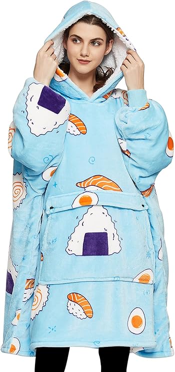 KFUBUO Sushi Blanket Hoodie - Sherpa Wearable Blanket with Sushi Print