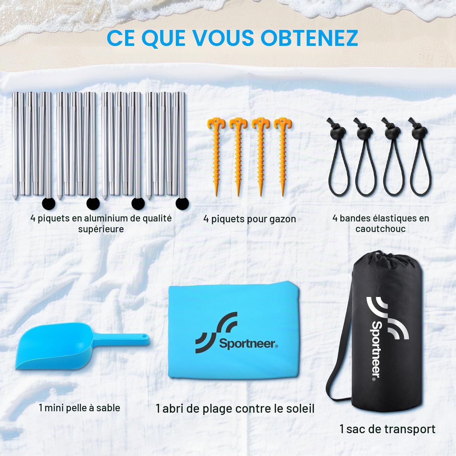 Sportneer Tente de Plage UPF50+ de 3 m avec 4 poteaux de stabilité, Pelle à Sable et piquets de Sol, Pare-Soleil d'extérieur Portable pour Plage, Camping, événements Sportifs, arrière-Cour