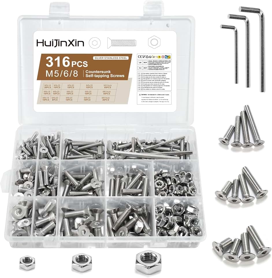 316 piezas Juego de tornillos M6 M8 M10, juego de tornillos y tuercas de acero inoxidable con cabeza avellanada, tornillos de cabeza plana métricos con cabeza hexagonal interna con tuercas, juego de