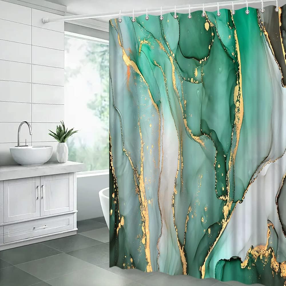 Turquoise Gray Marble Shower Curtain Modern Abstract Marble Texture Gold Stripes Ombre Elegant Luxury Watercolor Ink Art Bathroom Decor Fabric Curtain with Hooks