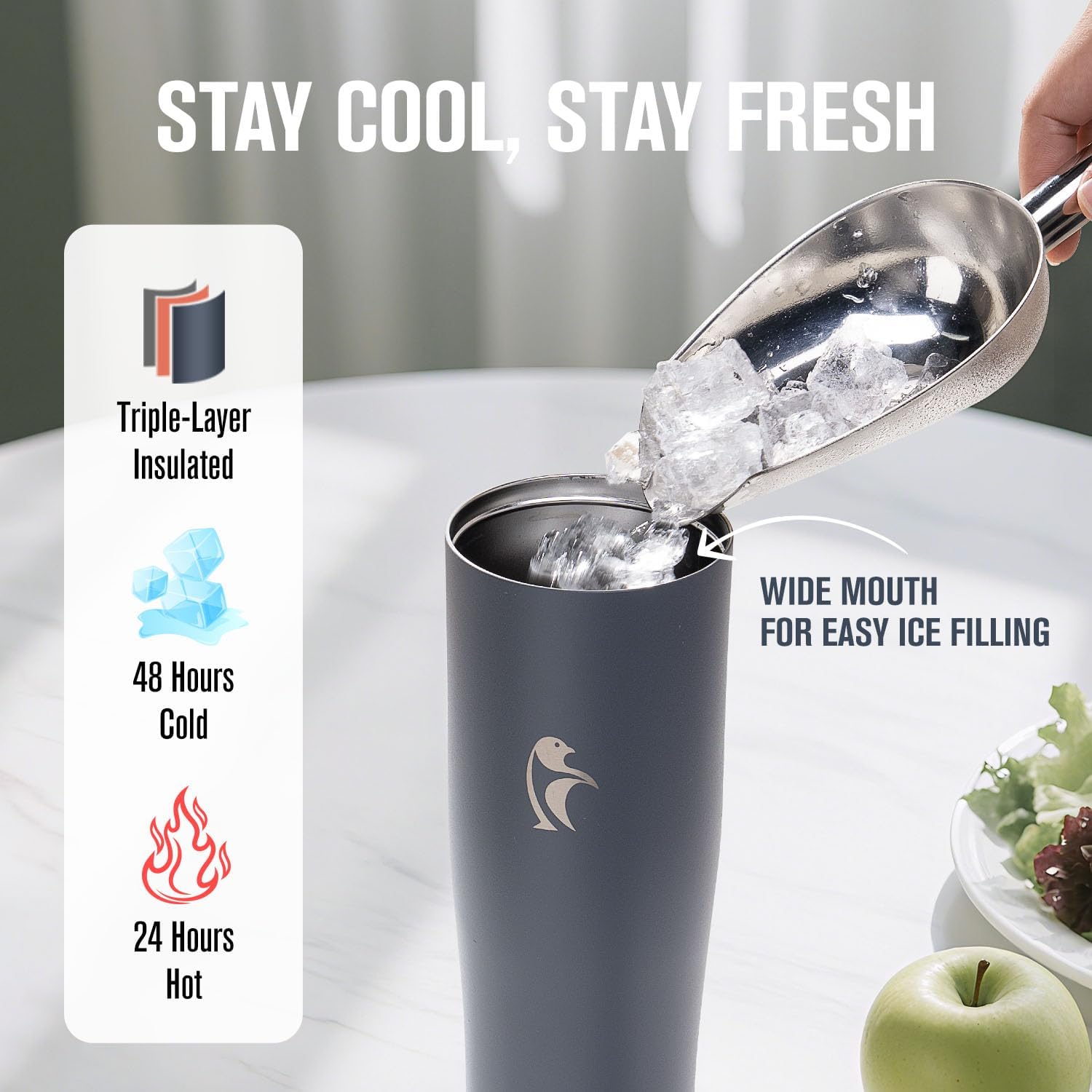 Coolflask Water Bottle 40 oz Fits Car Cup Holder, Slim Tumbler Stainless Steel with Straw & Handle, Vacuum Flask Leakproof Wide Mouth for Travel Sports Gym, Grey