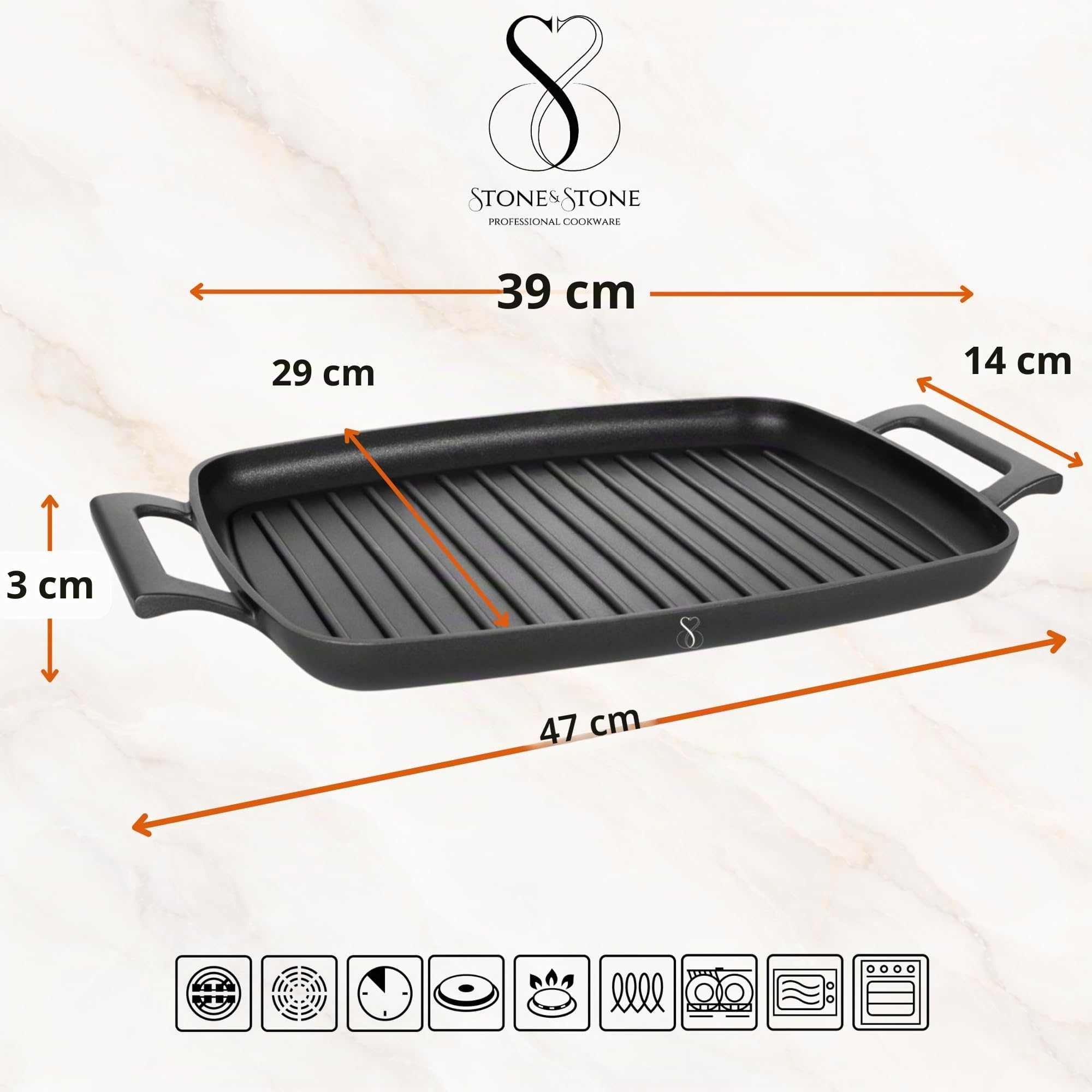 Stone&Stone Bistecchiera Induzione 47 cm Rettangolare, Piastra Grill Induzione BBQ Antiaderente con Rivestimento Ceramico Tedesco, Fondo Acciaio Pieno, con Pinza, Gas e Forno, Senza PFAS PFOA PTFE