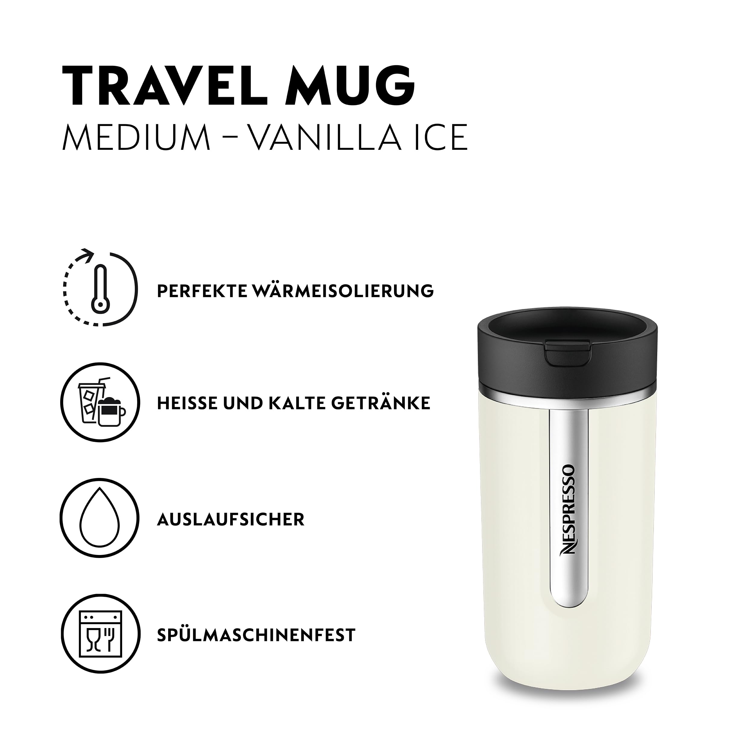 NESPRESSO Travel Mug Medium Vanilla Ice 400ml | Thermobecher Kalt & Warm für Kaffee, Tee, Matcha, etc. | Auslaufsicher, spülmaschinenfest | Kaffeebecher to go mit Deckel | Edelstahl Becher
