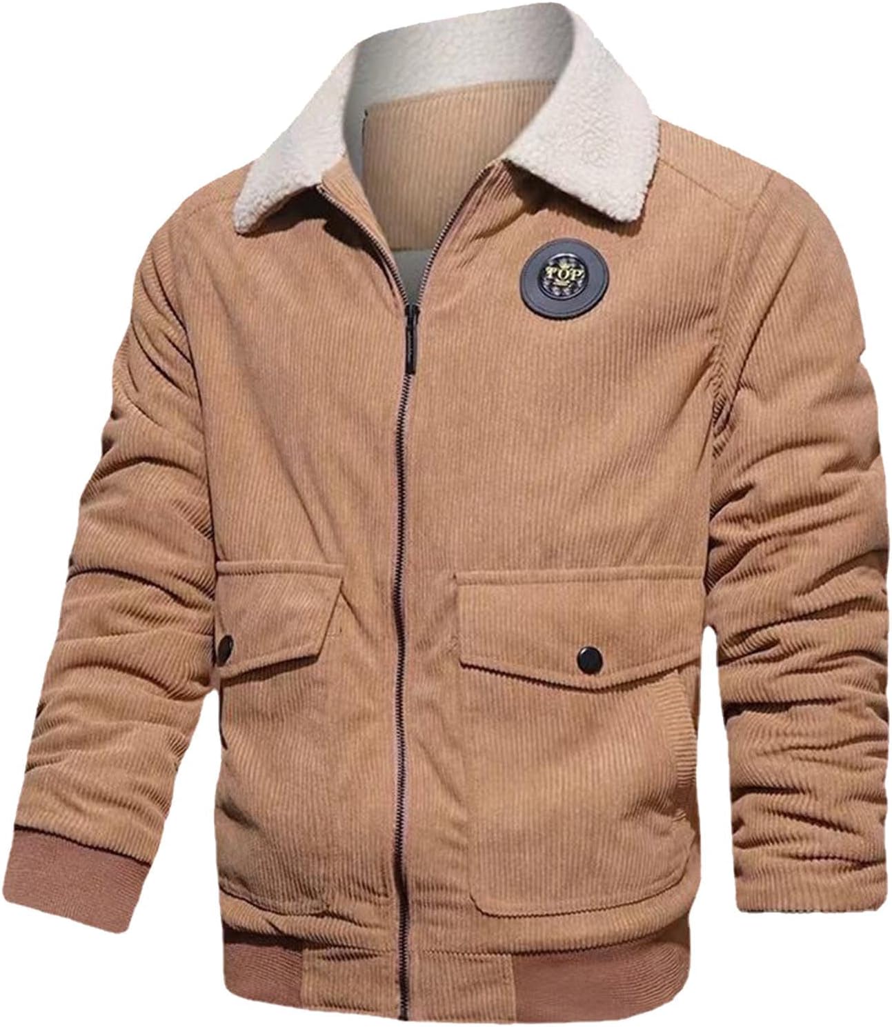 Thatrich Mens Fleece Sherpa Jacket Lightweight Corduroy Shirt Zip Up lapel Sweater Coat Thick Warm Jacket Long Sleeve Shacket