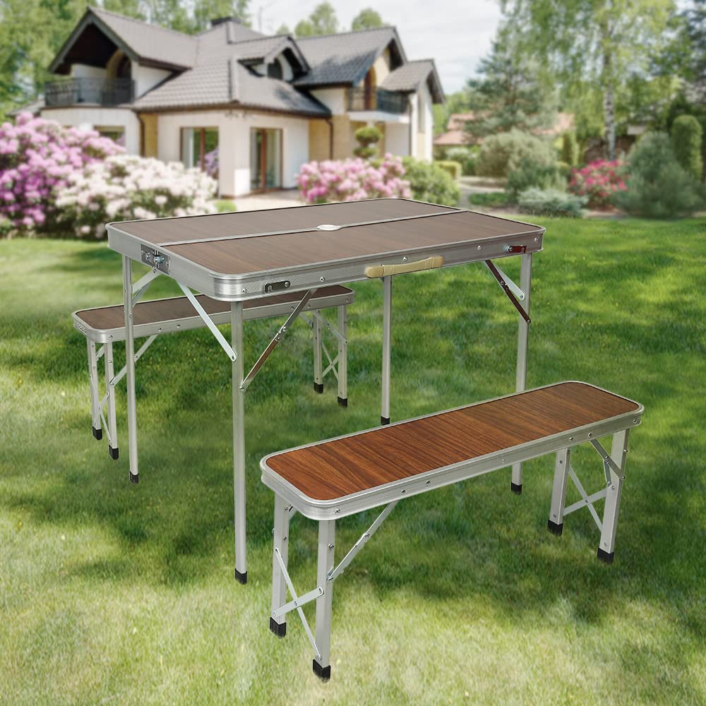 OHMG Tables de Pique-Nique,Table de Camping,Table Pliante Valise avec 2 bancs avec Un Poids Faible grâce au Cadre en Aluminium, Aspect Bois avec Poignées de Transport Marron,90 * 60 * 70cm