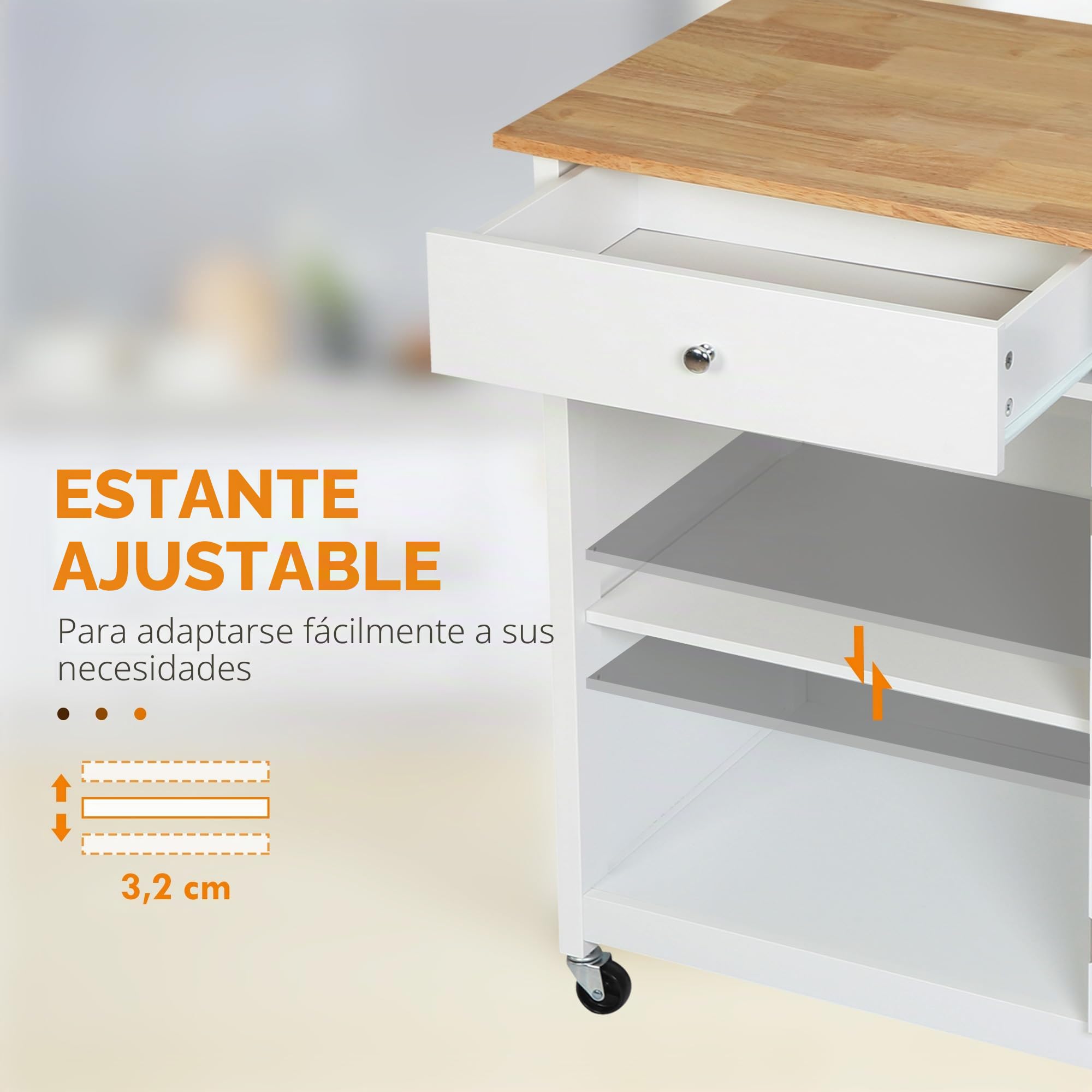 HOMCOM - Postre de Cocina con Ruedas, Armario de Color Blanco | Multi-almacenamiento, puerta de cristal con estante ajustable, cajón, portapaños