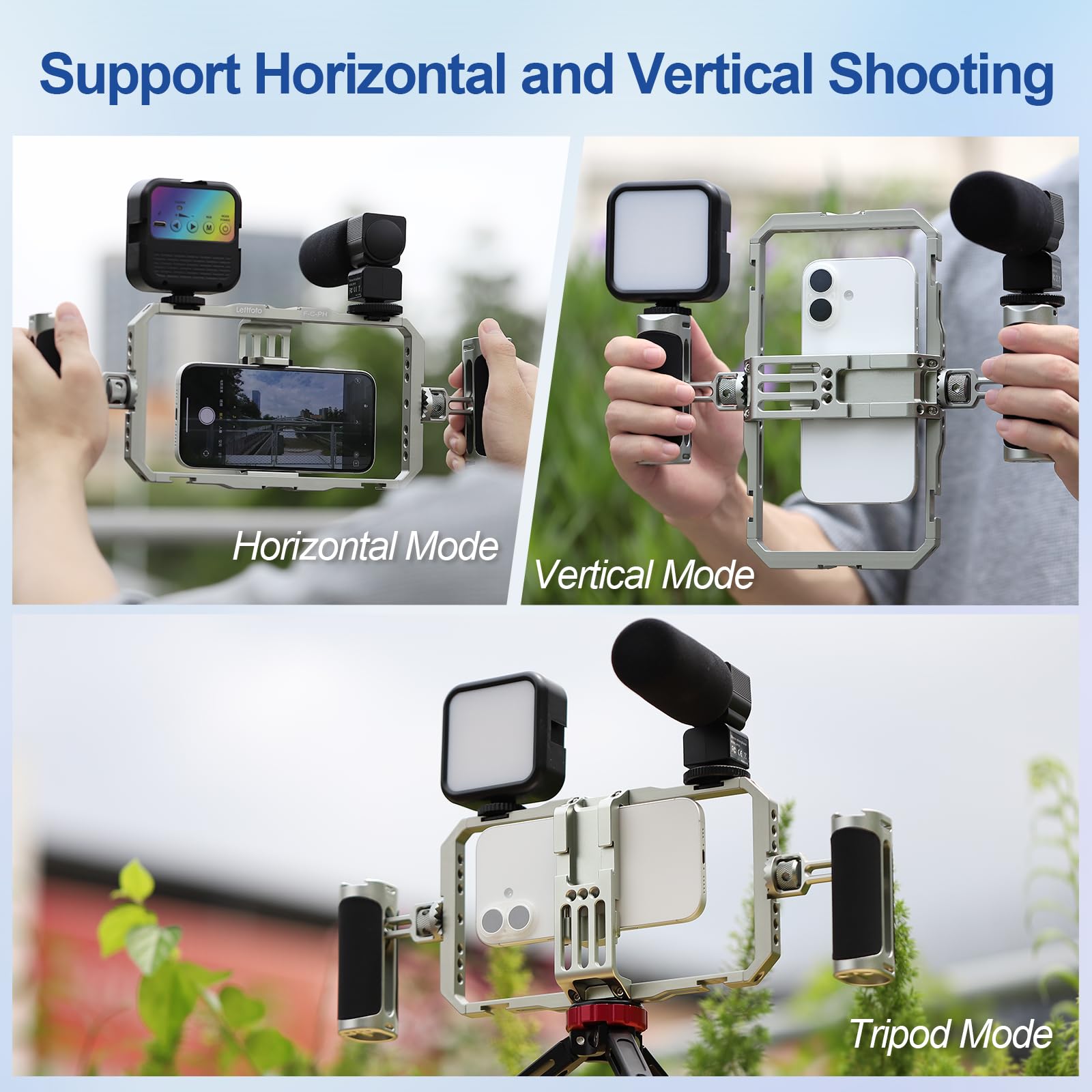 Leftfoto Gabbia stabilizzatore universale in alluminio per smartphone, con doppie maniglie per iPhone 16 15 Mini Pro Max 8 Plus per Samsung per Huawei Mate, per vlogging/riprese video