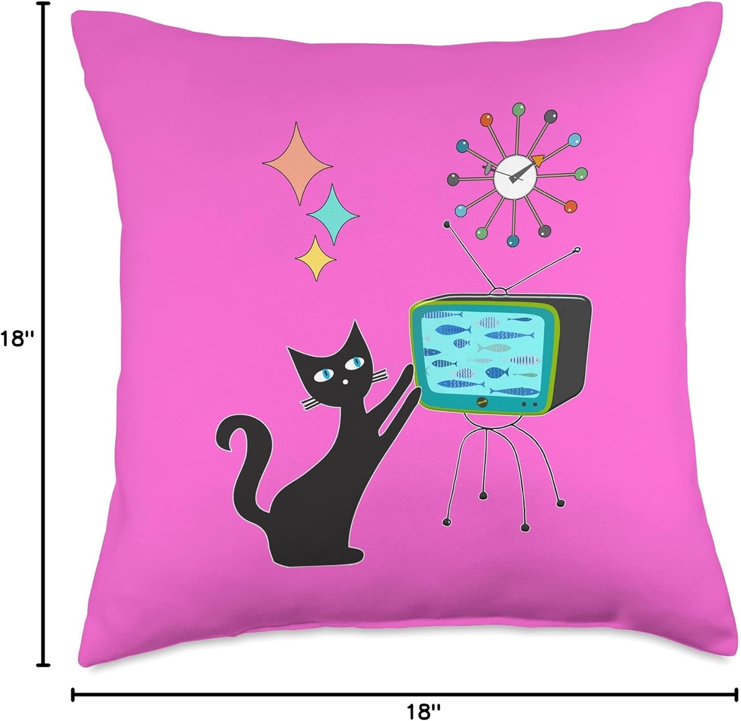 Mid Century Modern Retro Atomic Funny Cat with Fish TV Throw Pillow