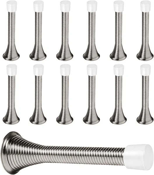 KISEER 12 Pack Spring Door Stops 3 1/4 Inch Flexible Heavy Duty Spring Door Stopper with RustProof Screw Rubber Bumper Tips (Satin Nickel)