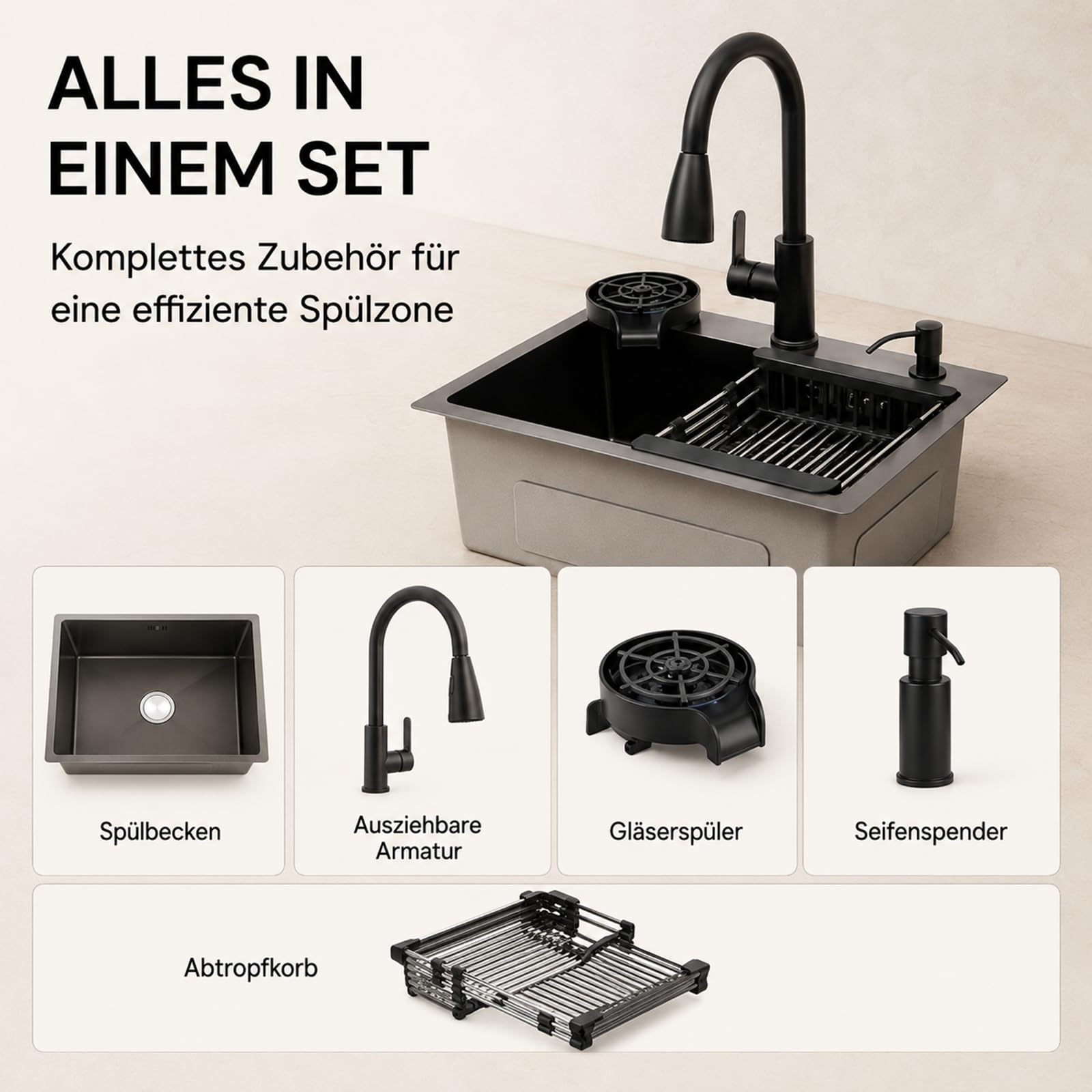 Lavandino 45 x 40 cm con rubinetto da cucina estraibile, lavastoviglie, dispenser di sapone e scolapiatti – Lavello da incasso multifunzione in acciaio inox 201 con rivestimento nano – Grigio Gun-