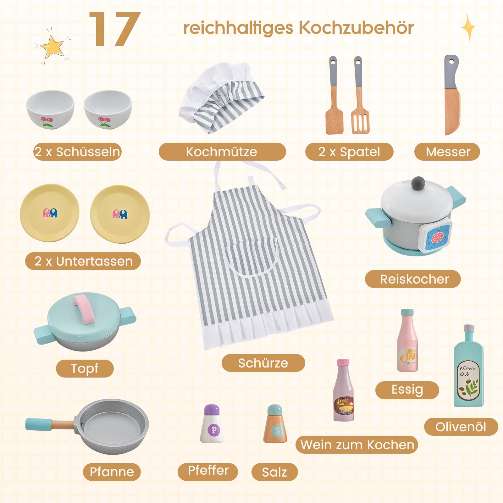 COSTWAY Kinderküche aus Holz, Spielküche inkl. 17 Zubehör, Spielzeugküche mit Mikrowelle, Waschmaschine, Waschbecker, Herde & Kochgeschirr, Holzküche für Kinder ab 3 Jahren