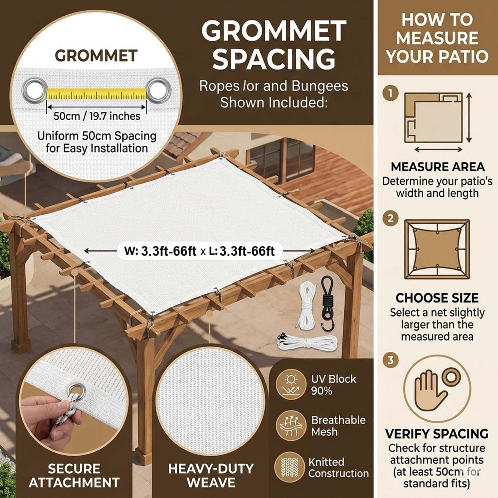 Schattierungsnetz Weiß 50% Schattenrate, UV-Beständiges Schattiernetz mit Ösen, Atmungsaktives Sonnensegel zur Temperaturregelung für Gewächshaus, Pergola, Garten und Hühnerstall(5 * 10m)