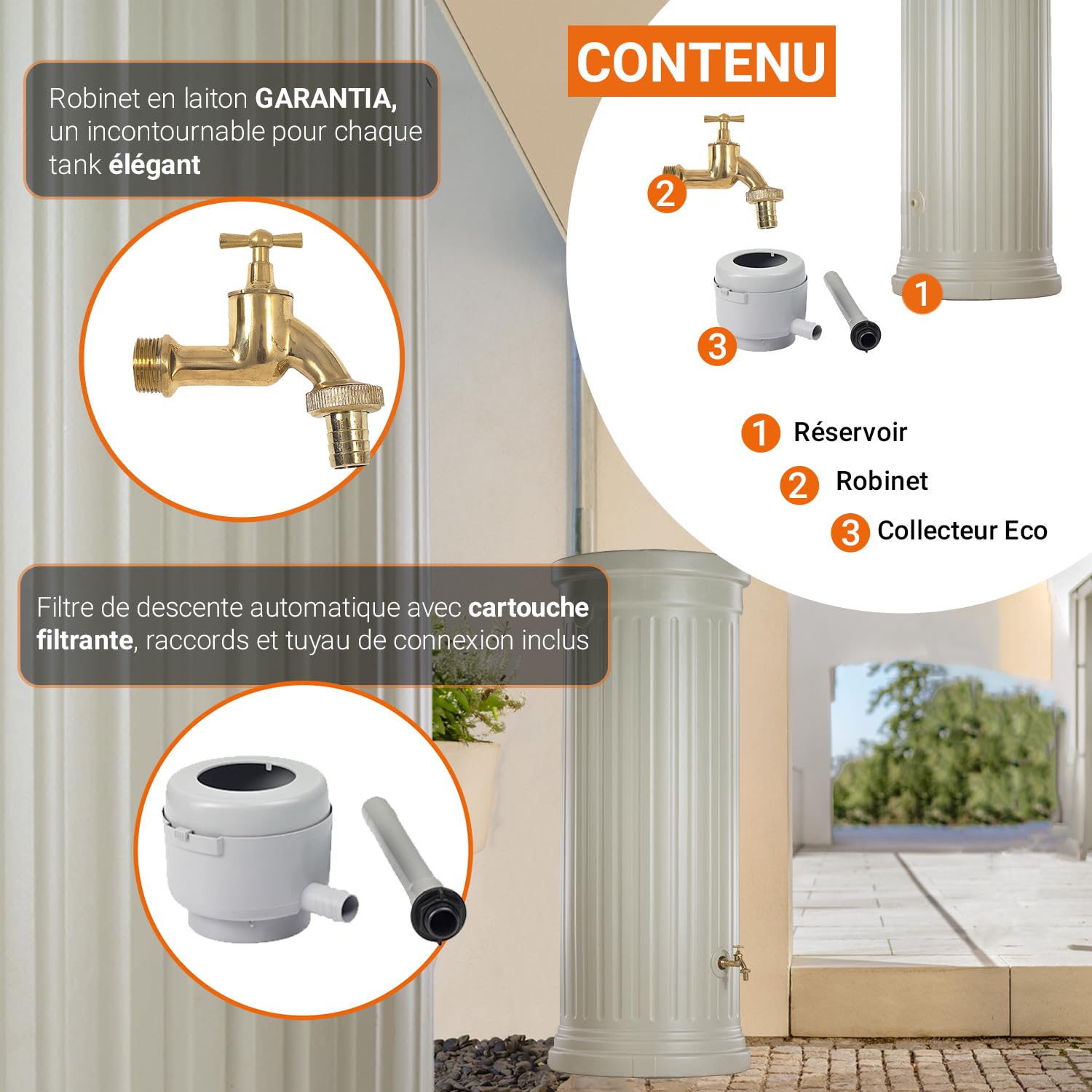 GARANTIA Colonne Romaine Recuperateur d Eau de Pluie Kit 500L Sable