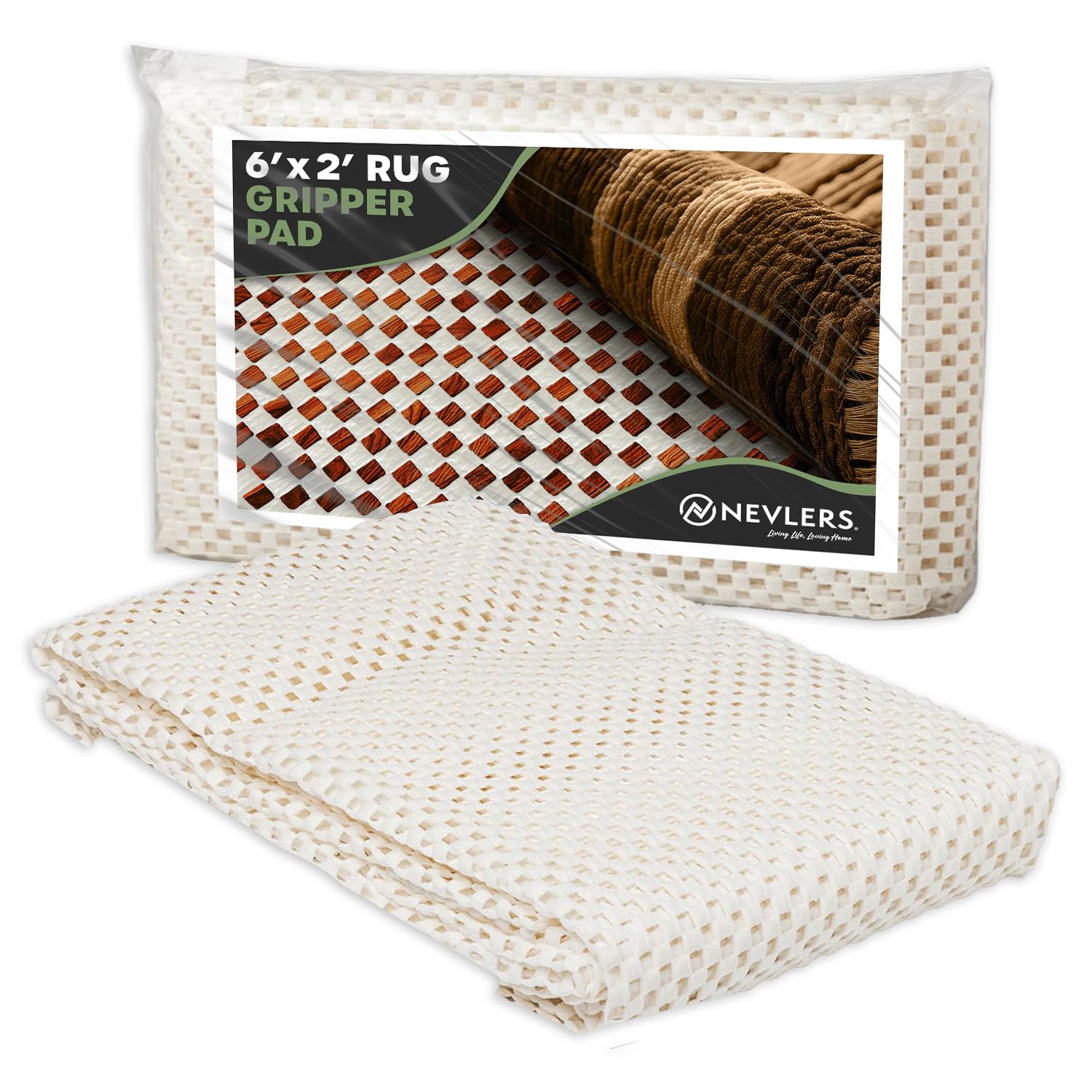 Nevlers 2'x6' Under Rug Non Slip Pad | White PVC Foam Non Slip Rug Pads | Open Weave Anti Slip Rug Grips | Anti Skid Rug Gripper for Hardwood Floors & Other Surfaces | Rug Stoppers to Prevent Sliding