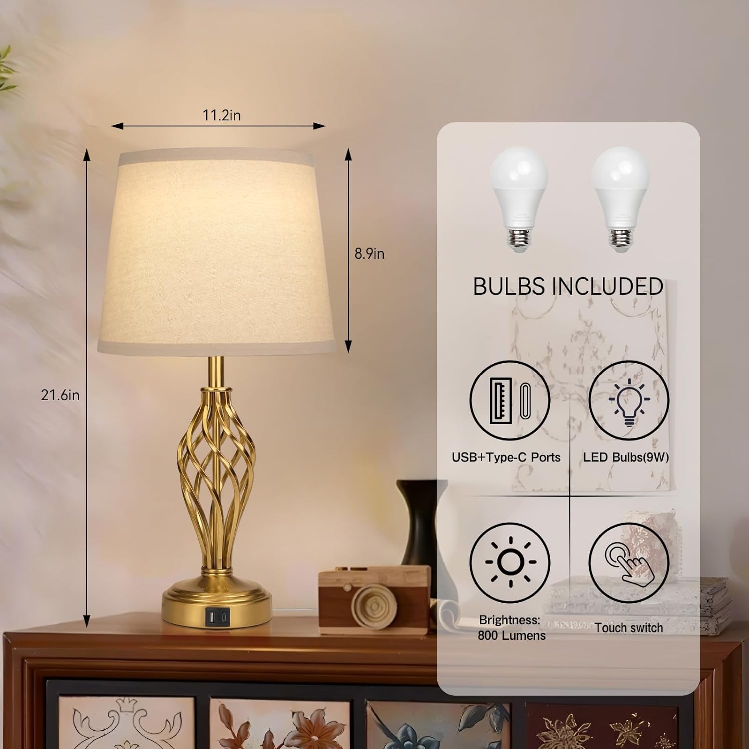 Touch Table Lamps Set of 2, nightstand lamp with USB Ports Bedside 3 Way Touch dimmer Desk lamp for Living Room Bedroom,Gold Plated Spiral cage Base Design Warm White dimmer Bulbs Included.