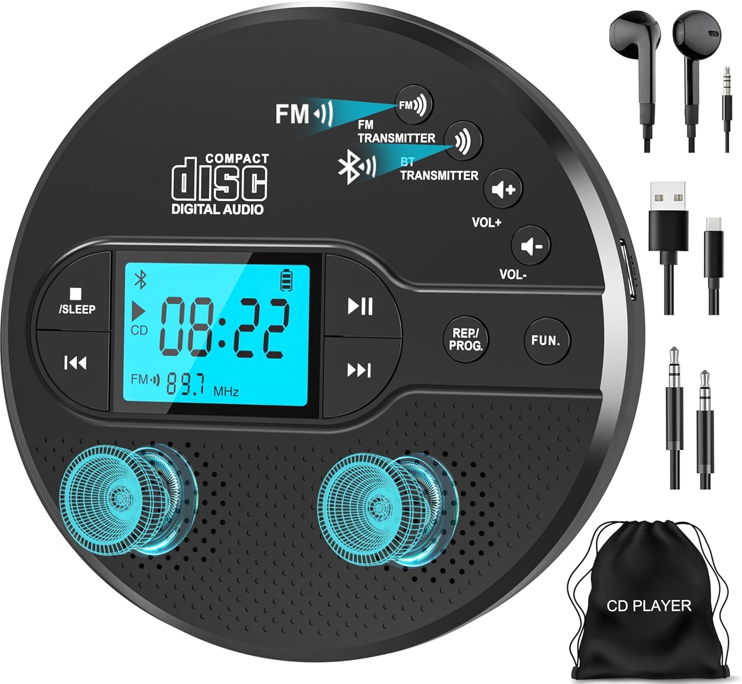 Greadio Reproductor de CD portátil Discman Reproductor de CD, protección antiskip 4 Sonidos EQ, Tarjeta TF/Salida AUX, pequeño Reproductor de música, Compatible con CD-R, CD-RW y MP3 para