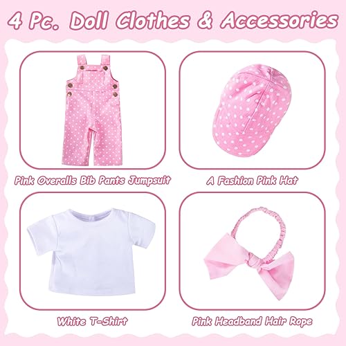 Miniatura 4 de Rakki Dolli Conjunto de 3 piezas de accesorios de ropa para muñecas con overoles rosados de moda, pantalones con peto, camiseta blanca de manga